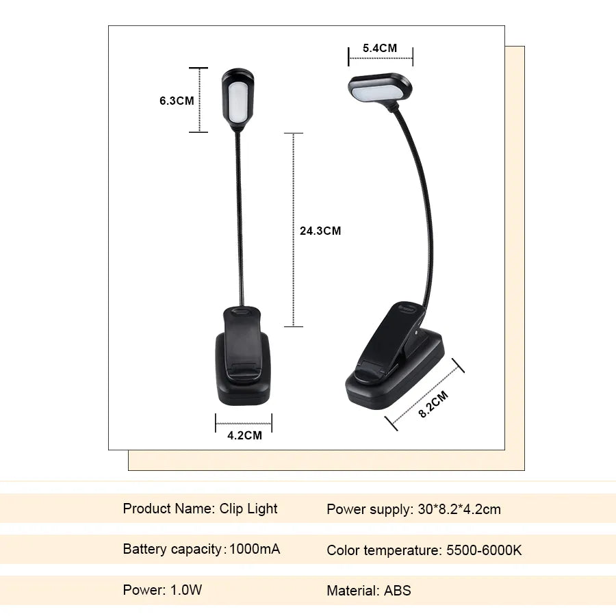 Adjustable LED Book Light With Goosenecks Clip 5 LEDs AAA Battery Powered Flexible Night Reading Desk Lamp Notebook Cool White