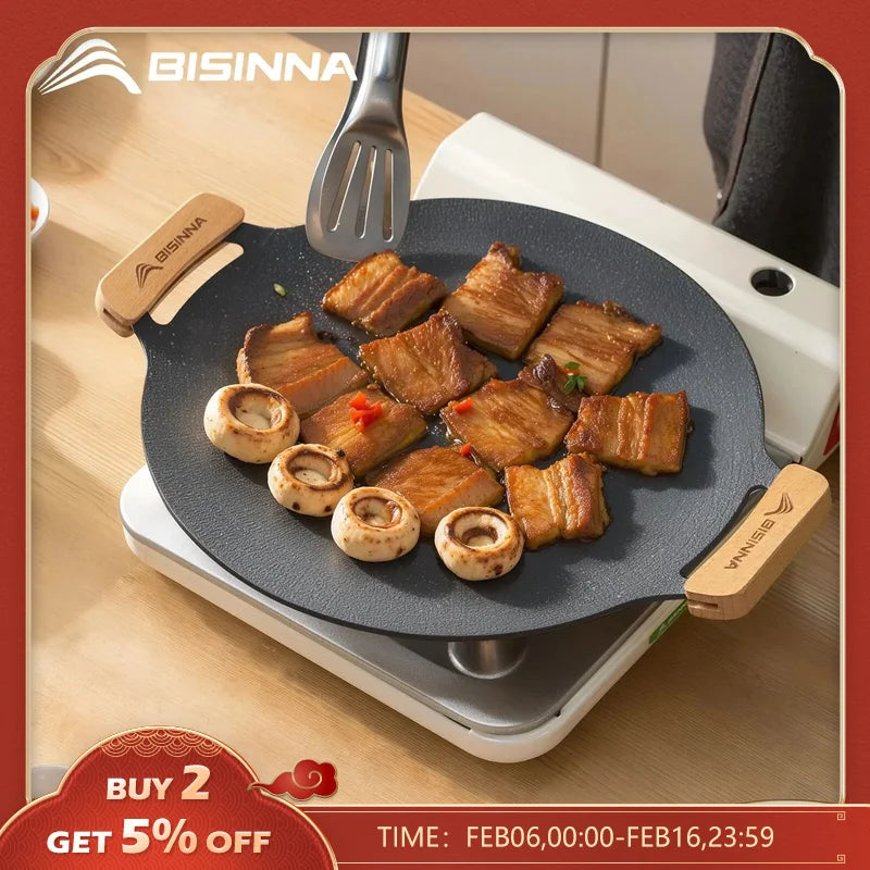 BISINNA 34CM Outdoor BBQ Grill Pan Non Stick Stovetop Baking Tray Korean Roastig Grill Plate Camping Equipment