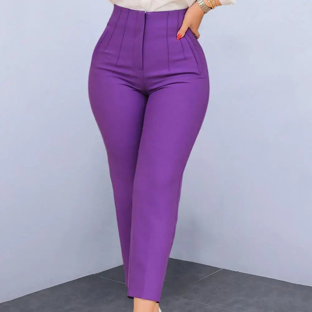 High Waist Pleated Pockets Ninth-Length Women Trousers Solid Color Straight Leg Suit Pants