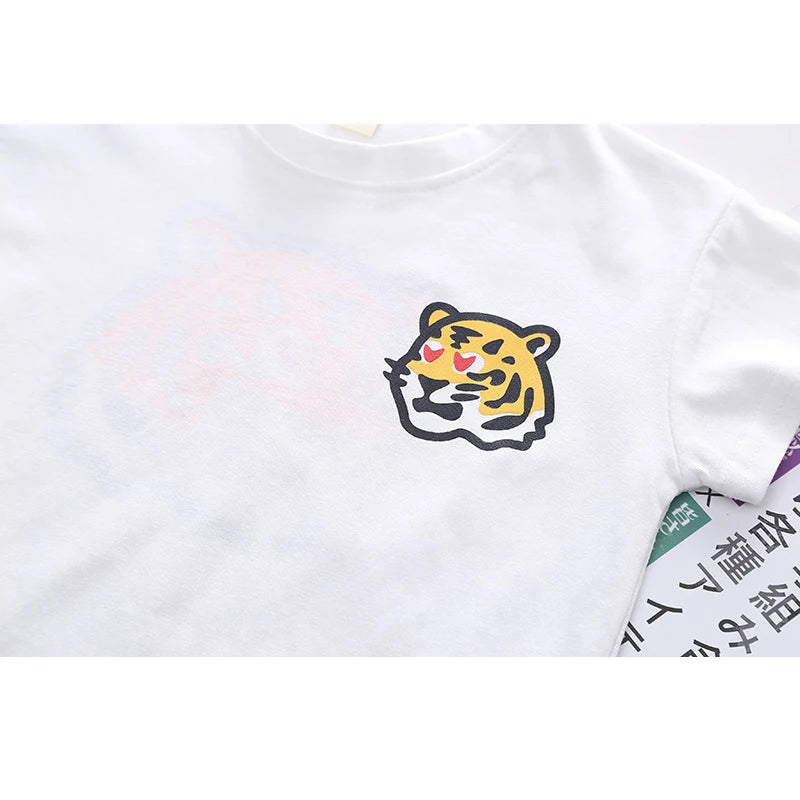 1 2 3 4 5 Years Summer Boys Clothing Set Tiger Pattern T-shirt + Grid Design Shorts 2Pcs Suit For Kids Casual Children Outfit