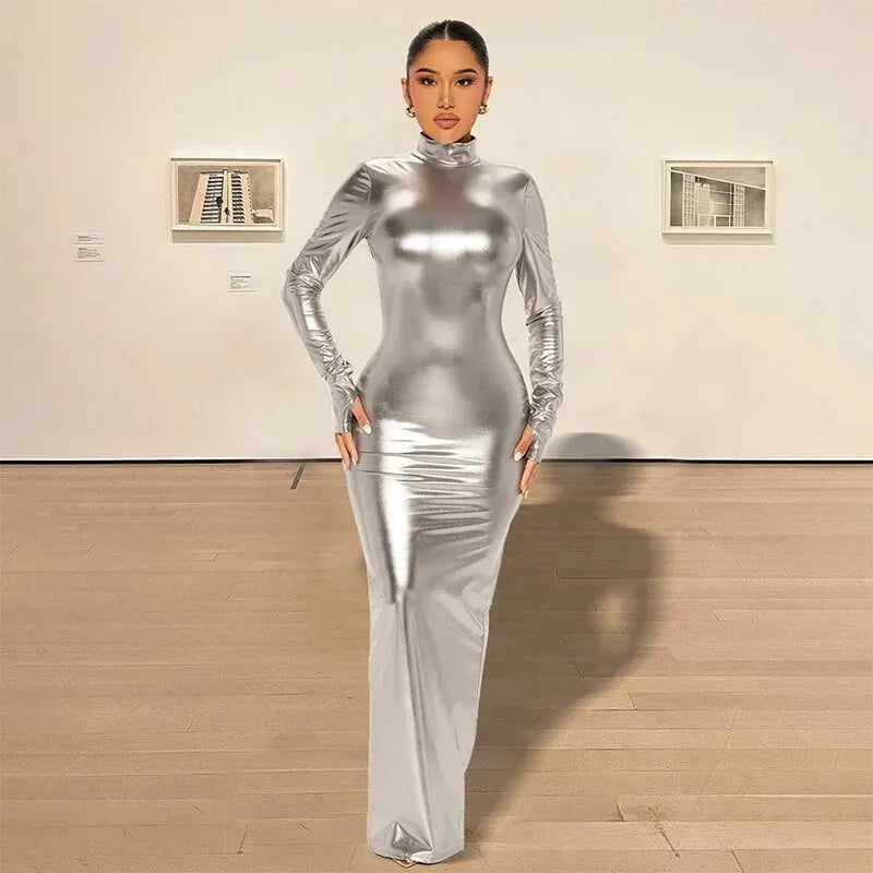 Sexy Metal Backless Slim Fit Dress Women Trendy Mid-waist Length Polyester Fabric One-piece Chic Style Long Sleeve Dress