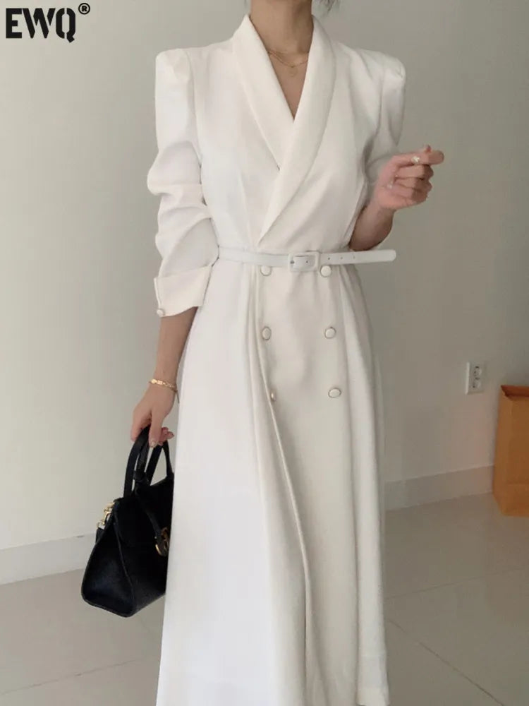 [EWQ] Notched Maxi Dress A Line Botton Vestidos White Elegant Black Midi Office Korean Korea Chic Minimalist Women's Clothing