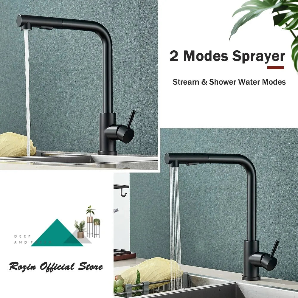 Black Pull Out Kitchen Sink Faucet Flexible 2 Modes Stream & Sprayer Nozzle Faucets Stainless Steel Hot Cold Wate Mixer Tap Deck