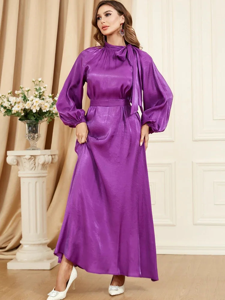 Eid Party Dress Muslim Women Ramadan Abaya Lantern Sleeve Lace-up Dubai Islam Robe Caftan Marocain Kaftan Femme Vestidos 2024