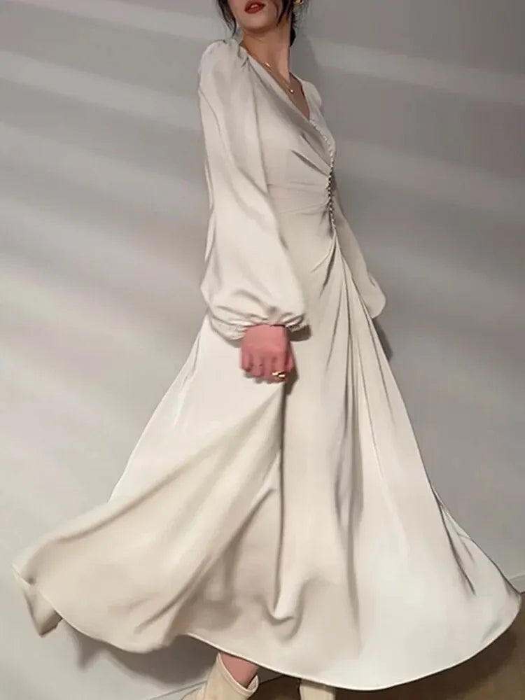 Elegant Minimalist Dress V Neck Lantern Sleeve High Waist Patchwork Pearl Solid Pleated Long Dresses Female Clothing Style New