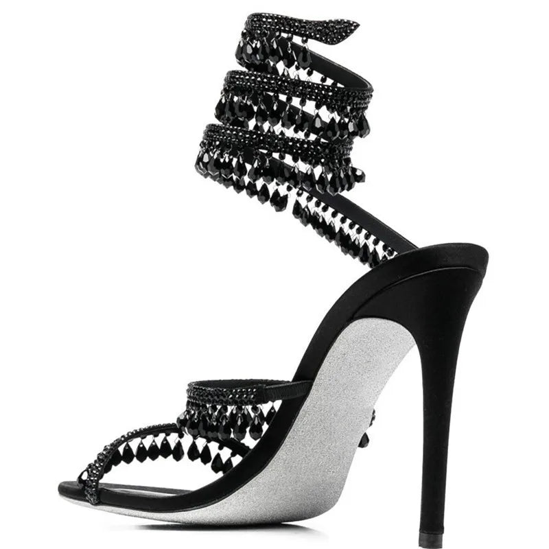 Fashion Crystal Pendant Tassels Women Sandals Sexy Snake Coiled Stiletto High heels Gladiator sandals Summer Wedding Party Shoes