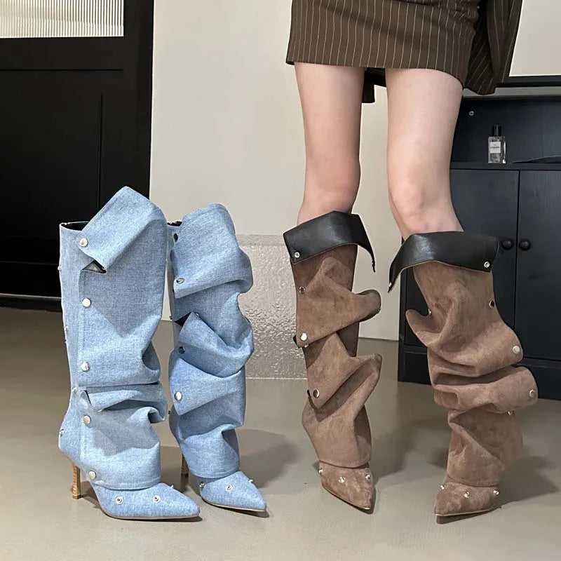 Ins style Autumn Winter Rivet Button Pleated Women Knee-high Boots Fashion Pointed toe PU Leather Thin High heels Boots Shoes