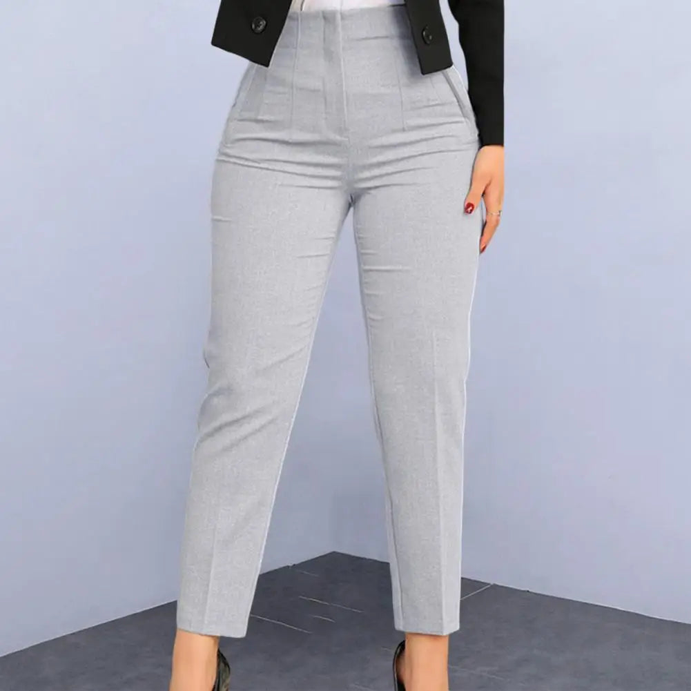 High Waist Pleated Pockets Ninth-Length Women Trousers Solid Color Straight Leg Suit Pants