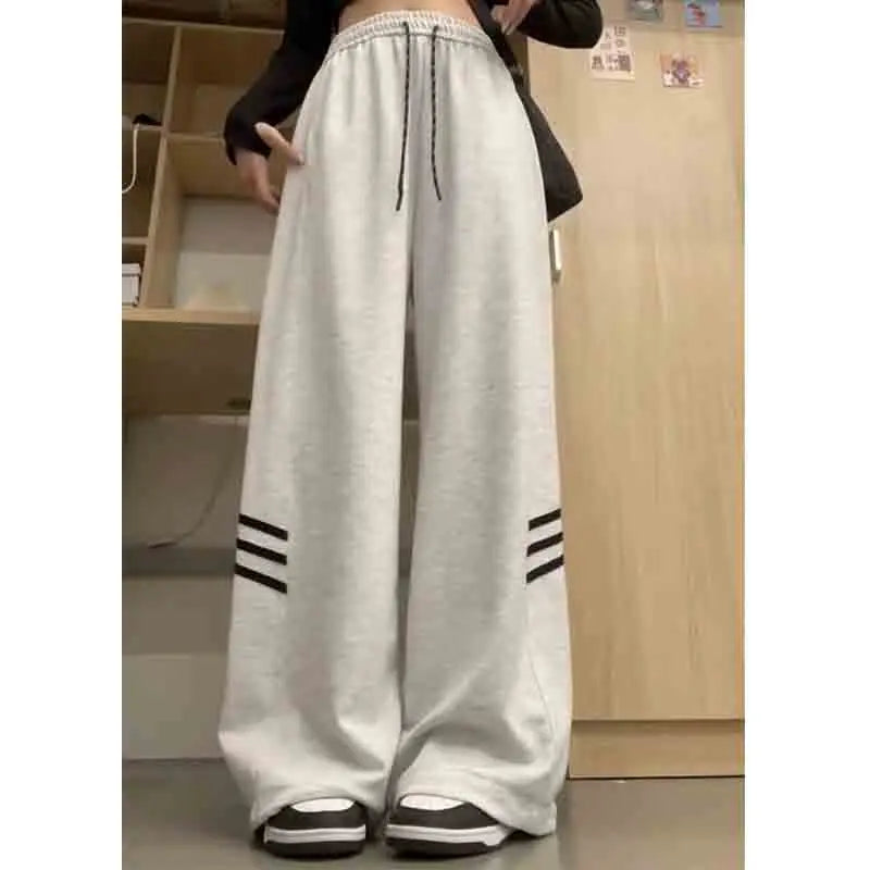 High Street Fashion Vintage Stripes Casual Loose Straight Pants Women's Trend Elastic Waist Drawstring Pockets Wide Leg Trousers