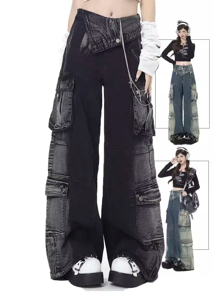 Harajuku Women Denim Pants 2023 Autumn Winter Multi Pocket Wide Leg Jeans Fashion Loose Leisure Trousers New Arrvial Streetwear