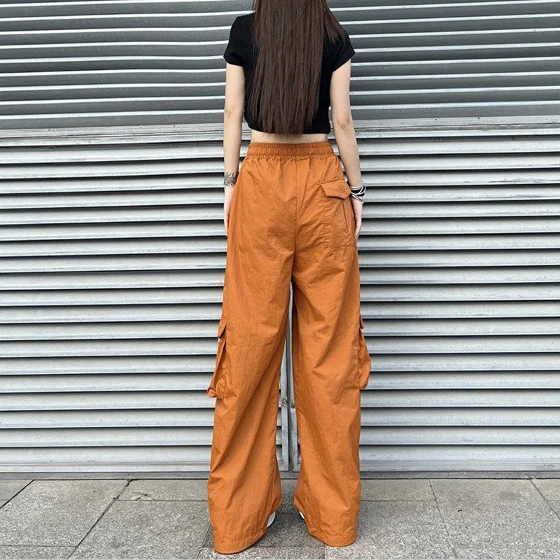 Streetwear Women Oversize Solid Cargo Pants Elastic Waist Drawcord Loose Harajuku Hip Hop Casual Wide Leg Sports Trousers 2023