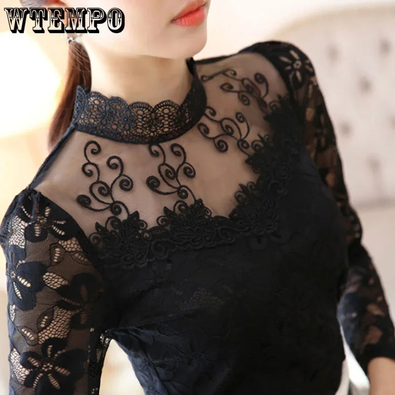 WTEMPO Sheer Lace Tops Long Sleeve Casual Shirt Beaded Turtleneck Feminine Tops Women Sexy Slim Lace Blouse Bottom Knitted Tops