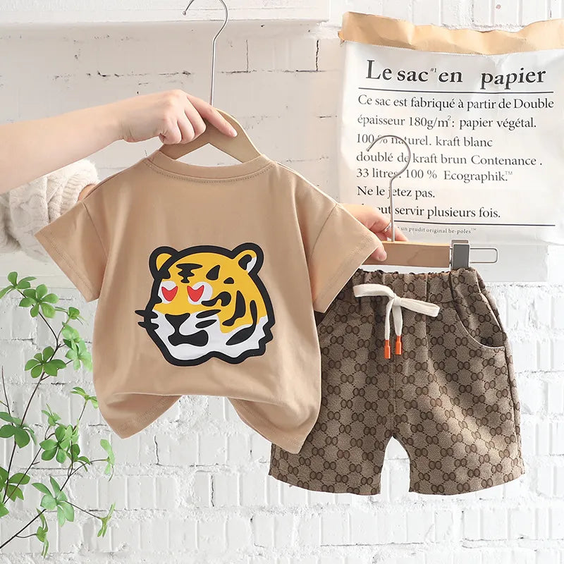 1 2 3 4 5 Years Summer Boys Clothing Set Tiger Pattern T-shirt + Grid Design Shorts 2Pcs Suit For Kids Casual Children Outfit