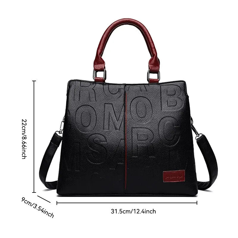 2023 New Fashion Solid Color Shoulder Large Capacity Soft Leather Cloth Letter Embossed Ladies Handbag