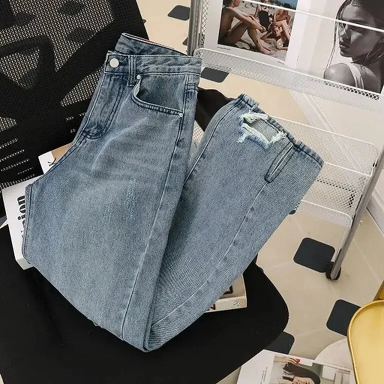 Autumn Retro Straight Cylinder Jeans Women Irregular Edge Loose Legs Slimming Dragging Long Pants Trendy