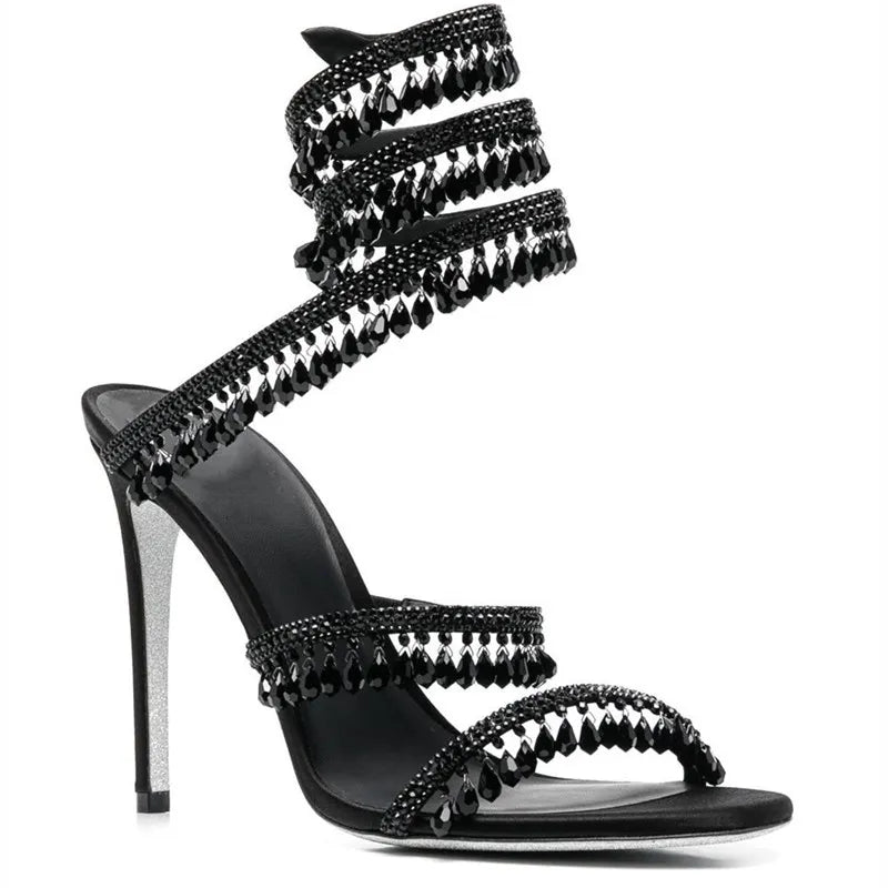 Fashion Crystal Pendant Tassels Women Sandals Sexy Snake Coiled Stiletto High heels Gladiator sandals Summer Wedding Party Shoes