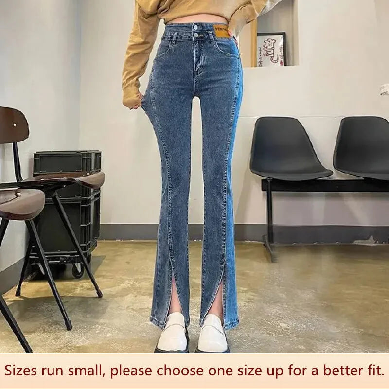 Women Autumn Winter Style High Waist Elastic Dragging Jeans Split Design Slim Fit Long Pants Cotton Elastic Fabric