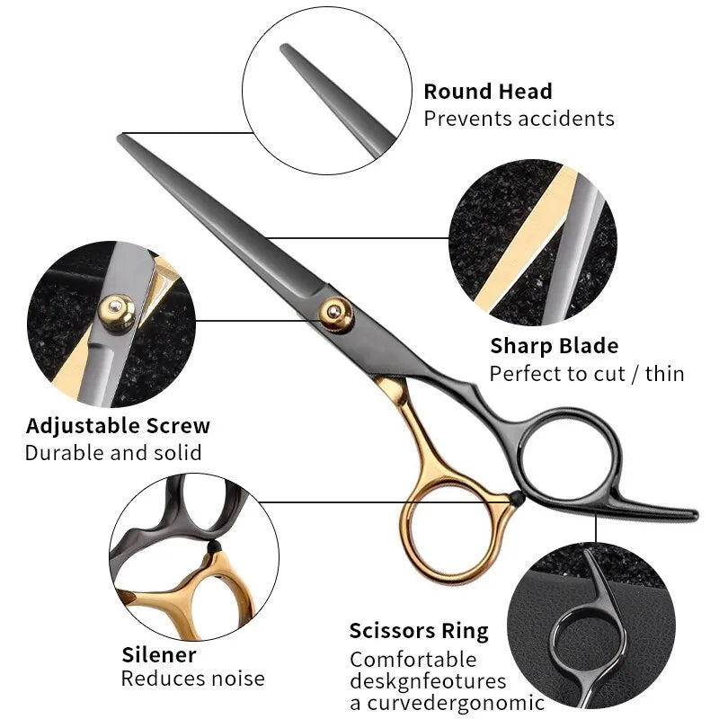 Professional Hair Cutting Scissors, Home Hair Cutting Barber/Salon Thinning Shears, Stainless Steel Hairdressing Black Golden