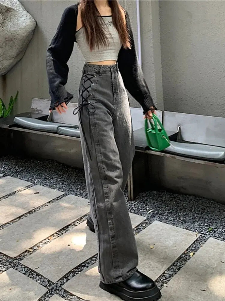 Street Style Women Jeans Trendy Design High Waist Loose Legs Bottoming Trousers Autumn Season