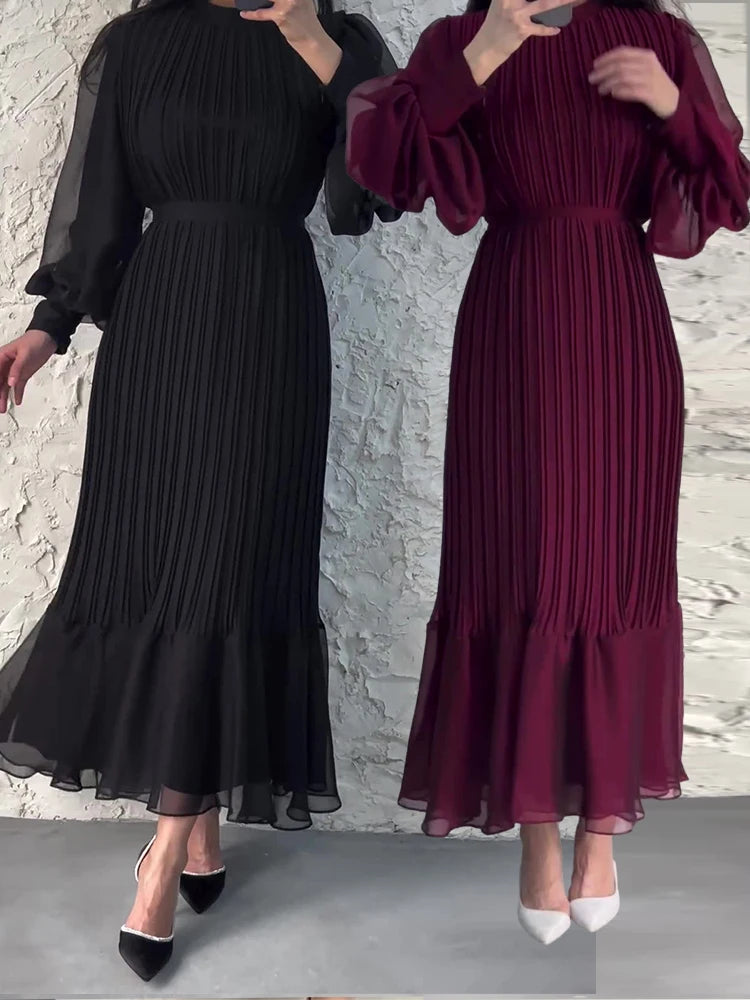 Eid Muslim Dress for Women Sweet Pleated Long Dresses Abaya Party Ramadan Lace-up Vestidos Largo Islam Dubai Arab Long Robe 2024