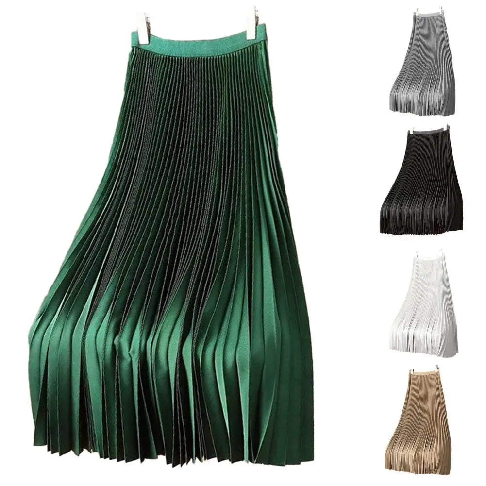 Women Vintage Midi Skirt Wide Elastic Waistband High Waist Pleated A-Line Skirt Solid Color Smooth Satin Long Skirt