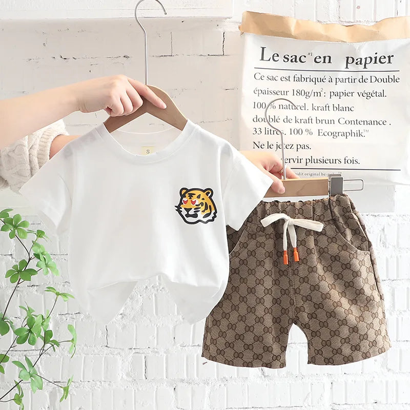 1 2 3 4 5 Years Summer Boys Clothing Set Tiger Pattern T-shirt + Grid Design Shorts 2Pcs Suit For Kids Casual Children Outfit