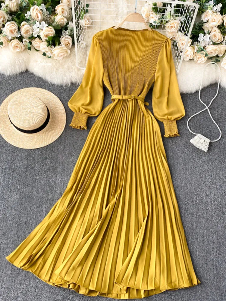 EWQ French Stylish Solid Puff Long Sleeve Vestido Women Elegant Design Belt Pleated Dress 2023 New Tide Spring Autumn SN0170