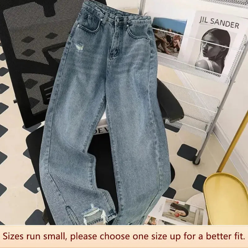 Autumn Retro Straight Cylinder Jeans Women Irregular Edge Loose Legs Slimming Dragging Long Pants Trendy