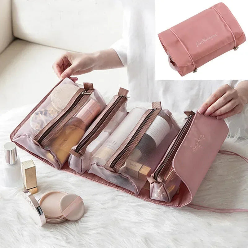 Waterproof Travel Cosmetic Bag with Dividers and Handle Multifunctional PU Leather Large Capacity Makeup Toiletry Bag