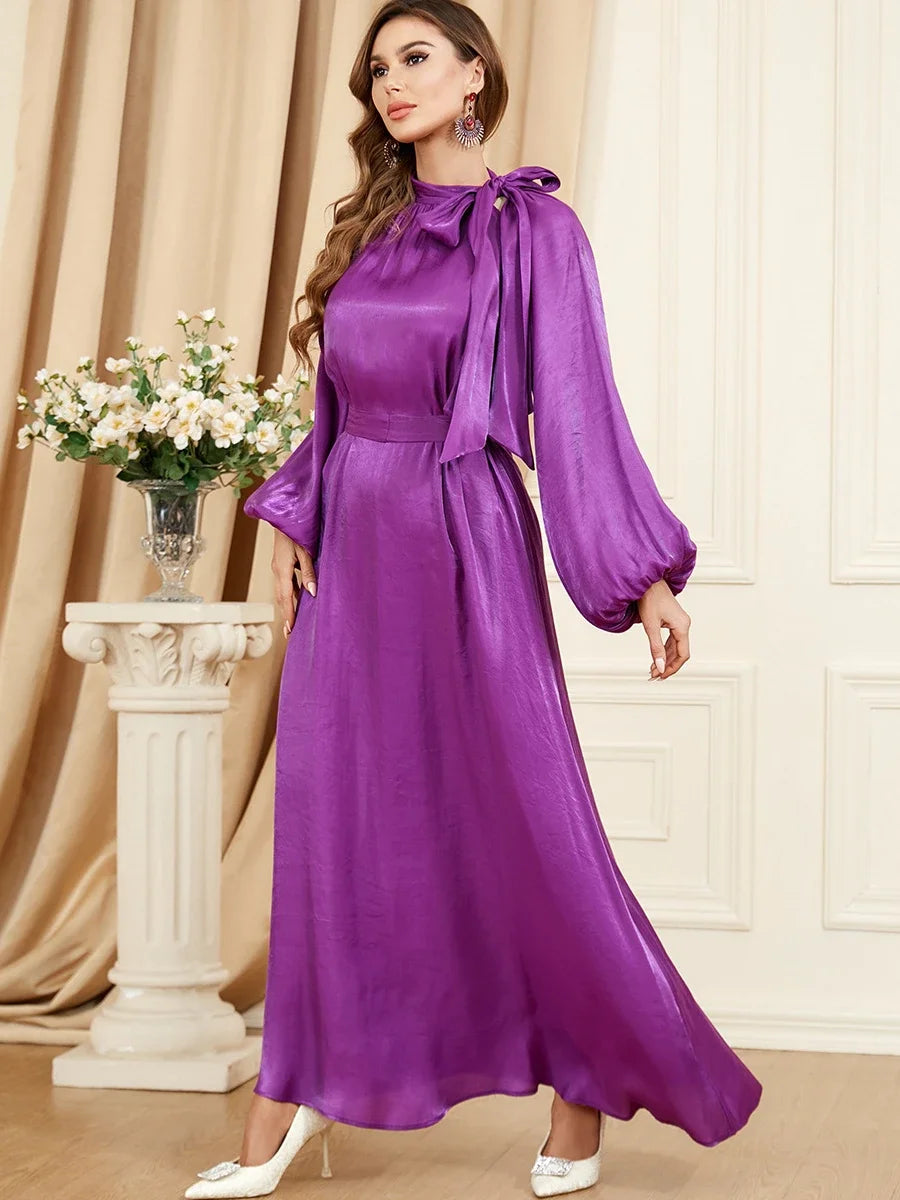 Eid Party Dress Muslim Women Ramadan Abaya Lantern Sleeve Lace-up Dubai Islam Robe Caftan Marocain Kaftan Femme Vestidos 2024