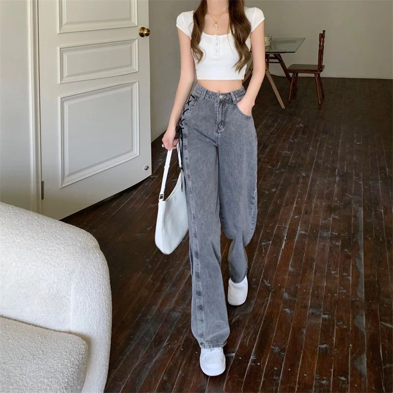 Black Gray Lace Up Design Jeans Women Vintage High Waist Straight Denim Pants Female Autumn Winter New Chic Wide Leg Trousers