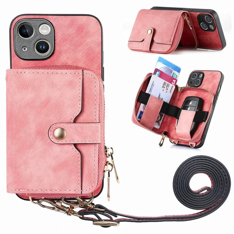 Lanyard Leather Zip Wallet Card Phone Case for iPhone 15 Pro Max 14 Plus 13 Mini 12 11 SE 2022 X XR XS Max 8 7 Flip Purse Cover