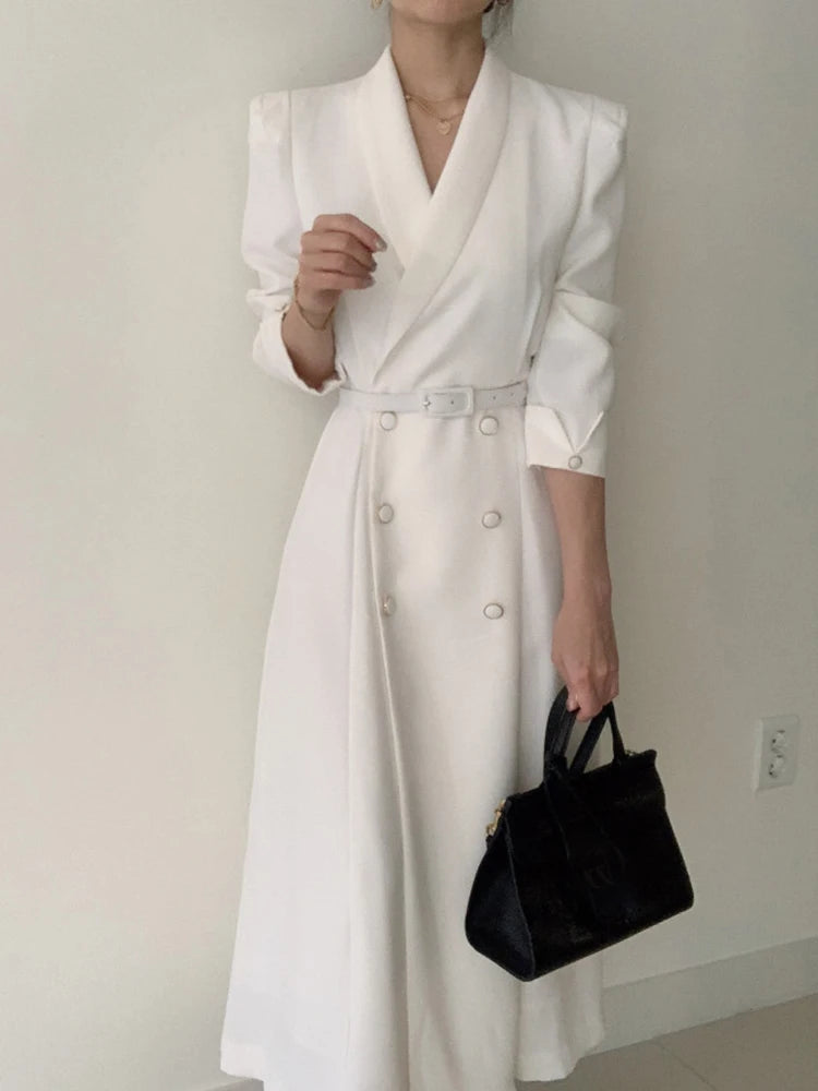 [EWQ] Notched Maxi Dress A Line Botton Vestidos White Elegant Black Midi Office Korean Korea Chic Minimalist Women's Clothing