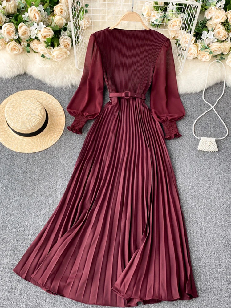 EWQ French Stylish Solid Puff Long Sleeve Vestido Women Elegant Design Belt Pleated Dress 2023 New Tide Spring Autumn SN0170