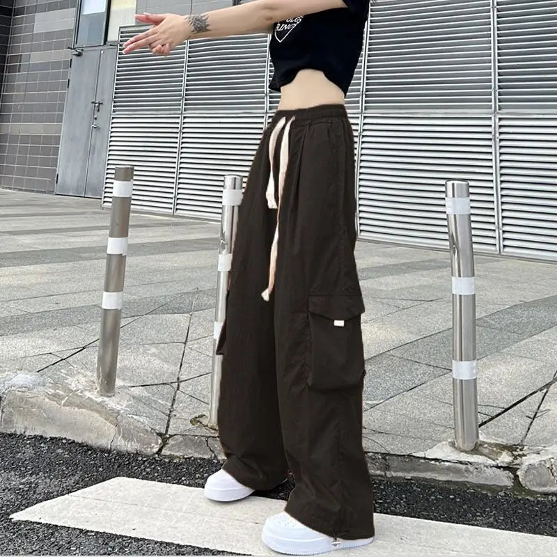 Streetwear Women Oversize Solid Cargo Pants Elastic Waist Drawcord Loose Harajuku Hip Hop Casual Wide Leg Sports Trousers 2023