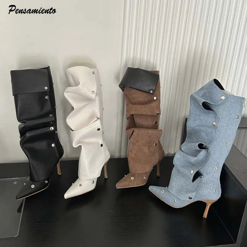 Ins style Autumn Winter Rivet Button Pleated Women Knee-high Boots Fashion Pointed toe PU Leather Thin High heels Boots Shoes