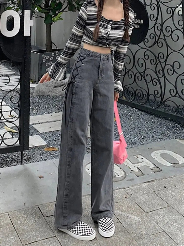 Street Style Women Jeans Trendy Design High Waist Loose Legs Bottoming Trousers Autumn Season