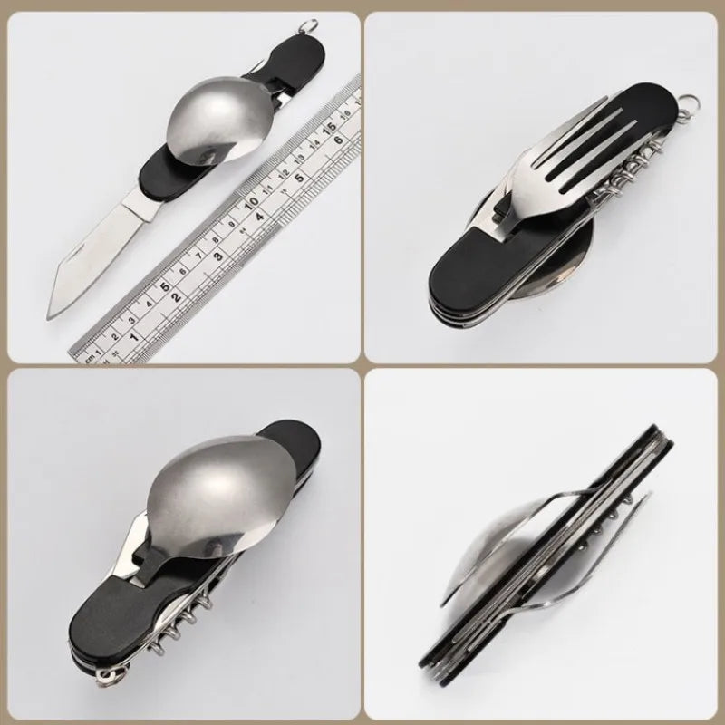 Tablespoon Set 4 In 1 Foldable Spoon Knife Fork Bottle Opener Stainless Steel Folding Pocket Kits Outdoor Tableware Set