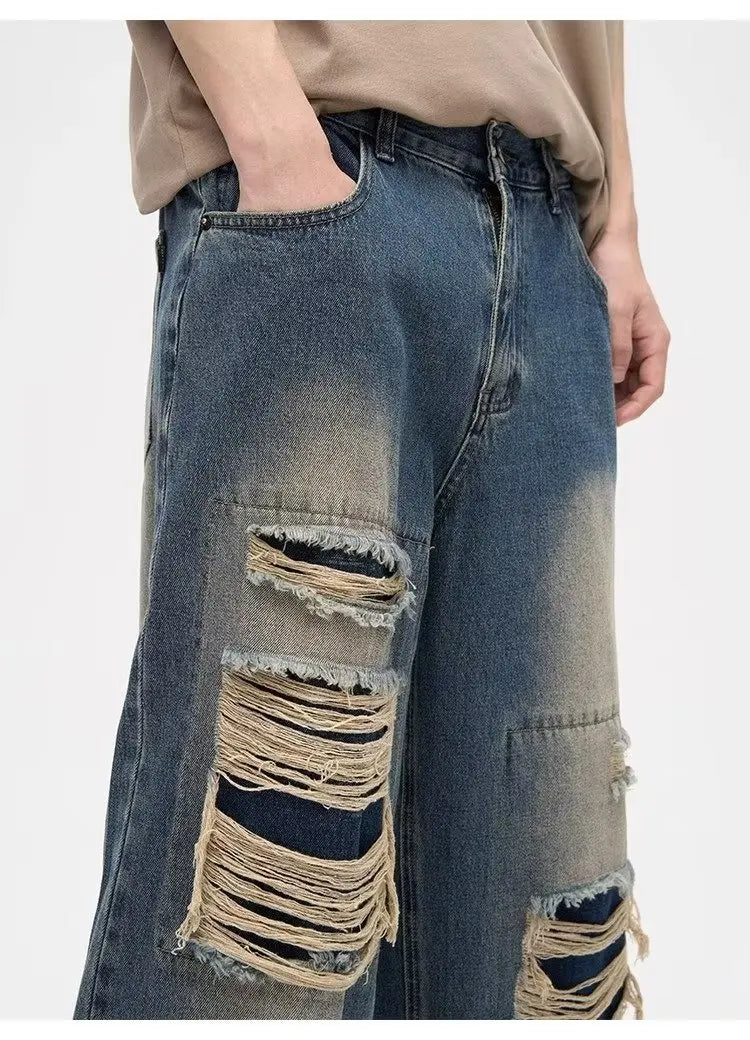 Y2K Man Jeans Korean retro hole repair jeans mens 2023 new American style high street loose straight wide leg mopping trousers