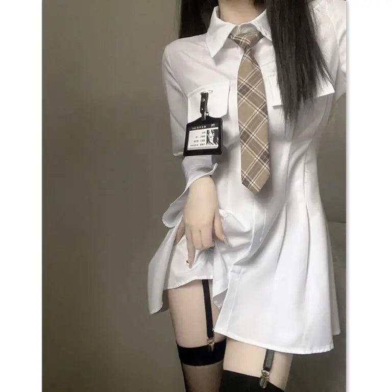 HOUZHOU Preppy White Dress Shirt Women Sexy Corset Korean Fashion Long Sleeve Mini Dresses with Ties Streetwear Designer Summer