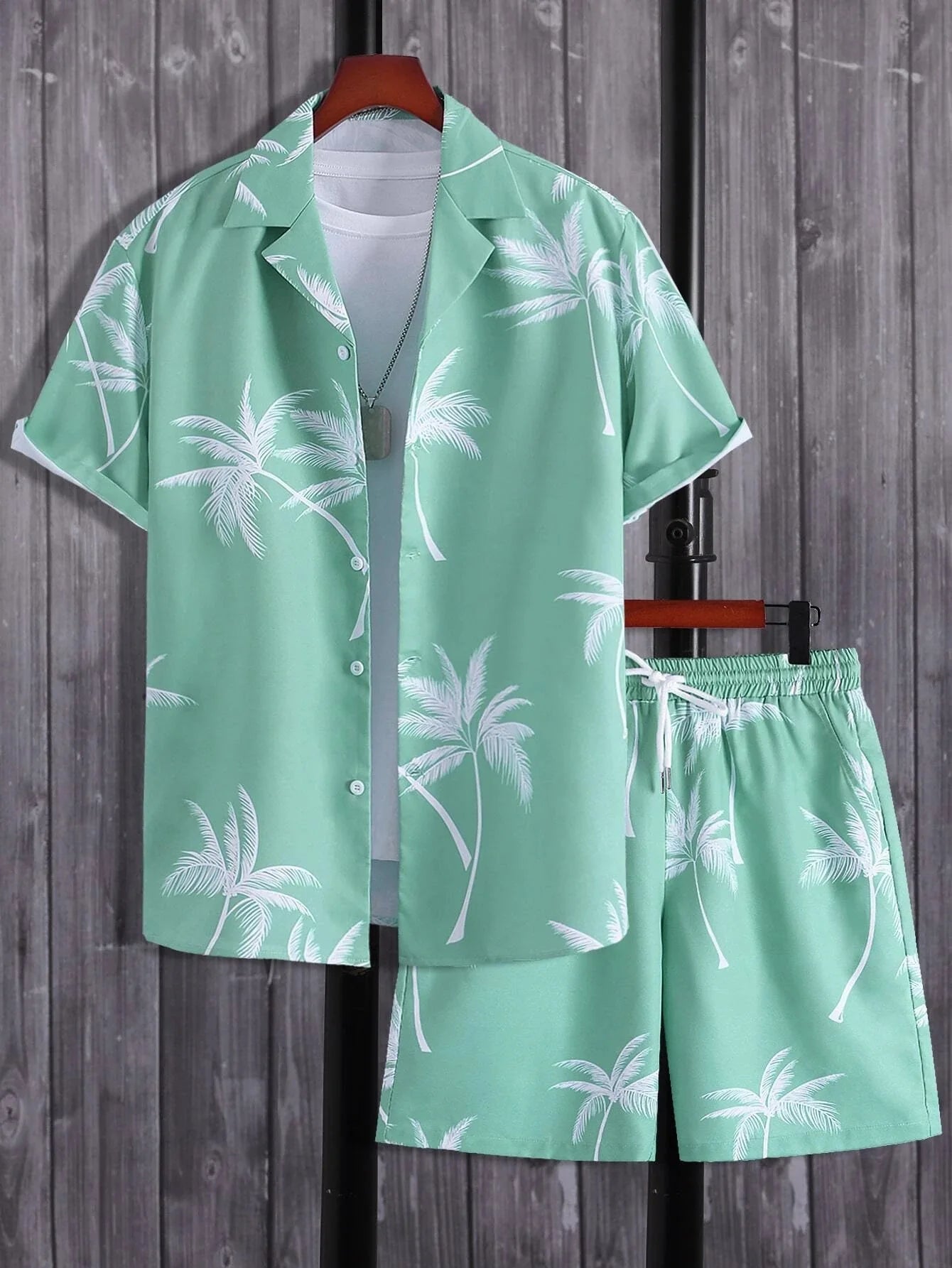 Men Random Palm Tree Print Shirt & Drawstring Waist Shorts Without Tee