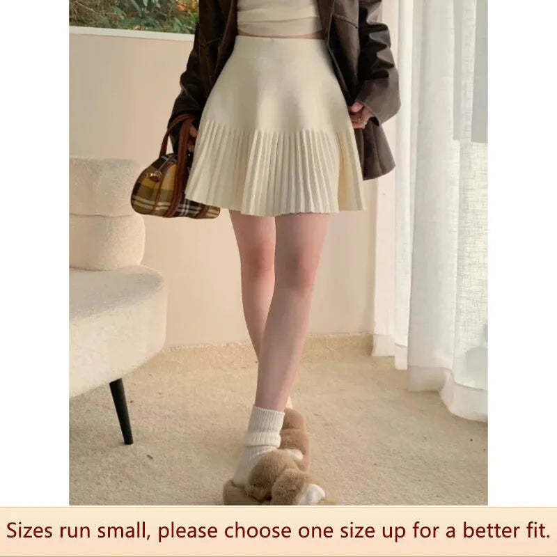 Slimming Pleated Knitted Half Skirt Women Autumn Winter Fashion Small Person High Waist Versatile A- line Short Skirt