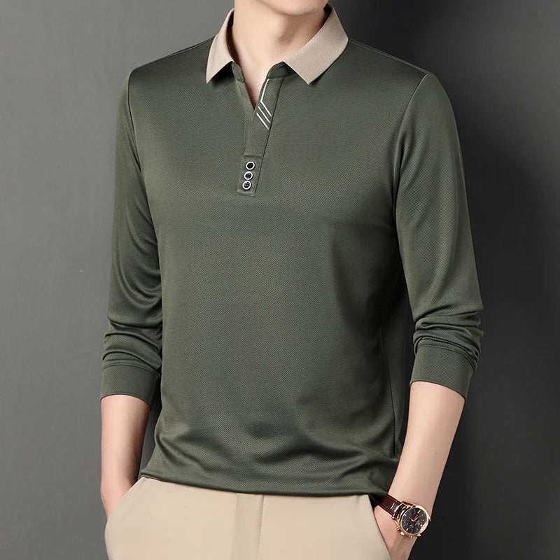 Autumn New Men's Long-sleeved Polo Shirt Business Casual Slim Elastic Top Fashion Classic Solid Color Male Brand Tees