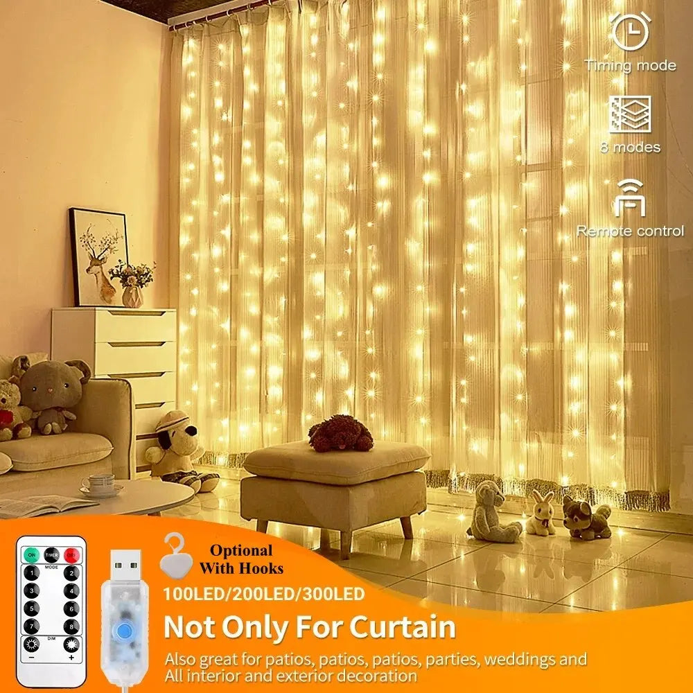 LED Curtain Lights Warm Fairy String Lights Festival Lighting Rainbow Window Lamp Home Bedroom Wedding Christmas Decoration