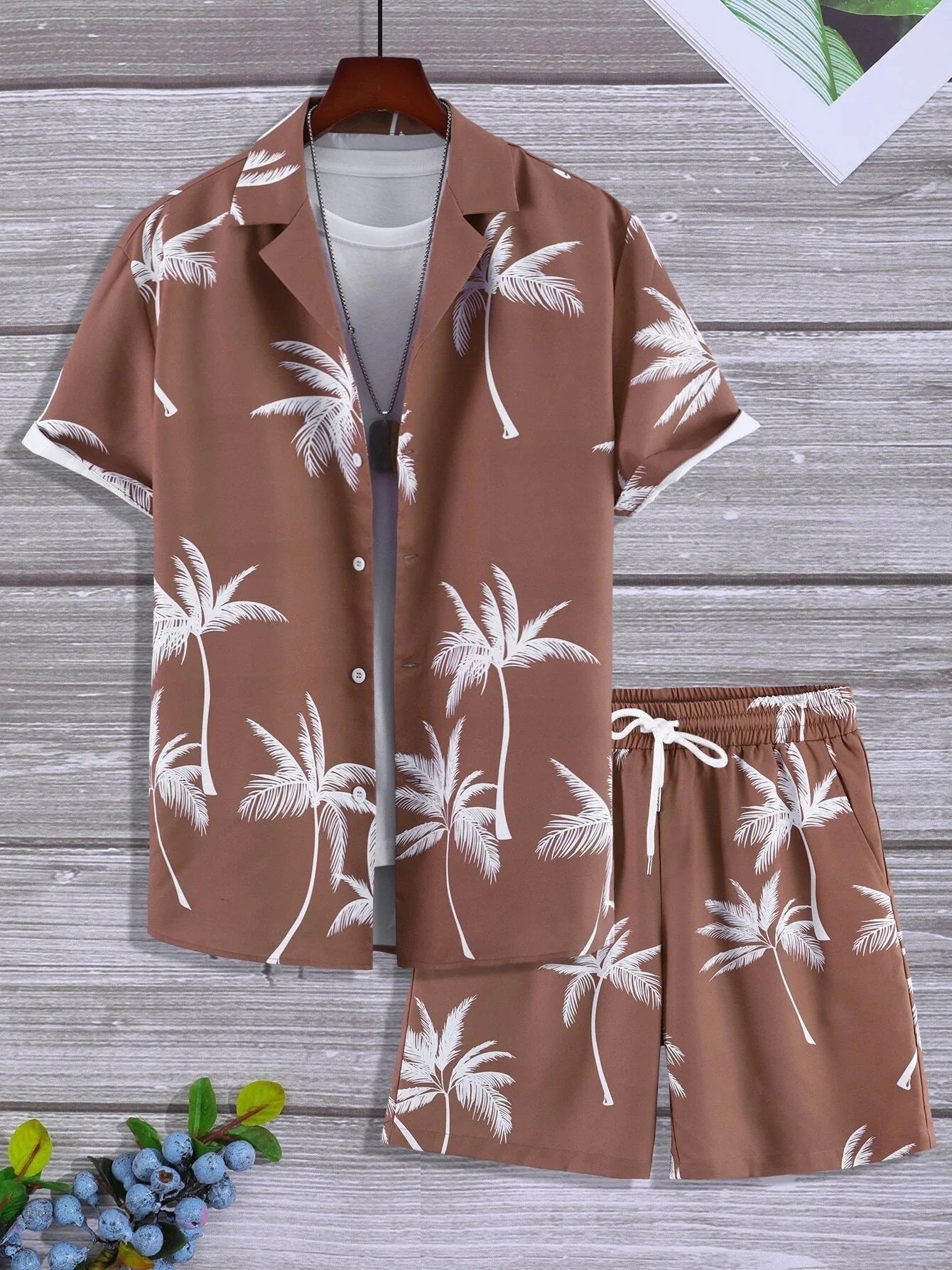 Men Random Palm Tree Print Shirt & Drawstring Waist Shorts Without Tee