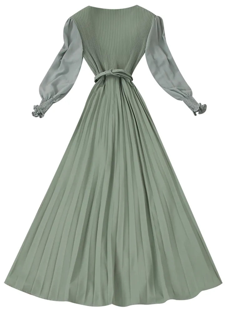 EWQ French Stylish Solid Puff Long Sleeve Vestido Women Elegant Design Belt Pleated Dress 2023 New Tide Spring Autumn SN0170