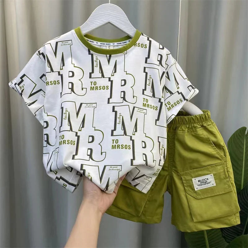 Boys Summer Short Sleeve Set 2024 New Fashionable Baby Clothes Boys Handsome Clothes Children's Letter Two Piece Set