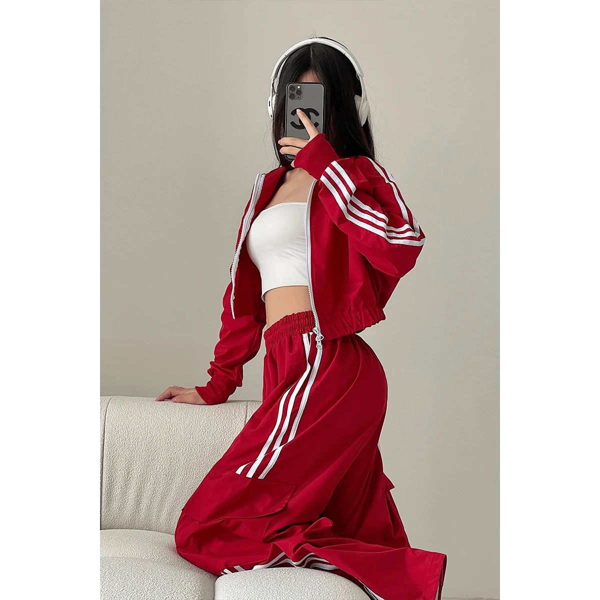 2 Piece Women Clothes Striped Tracksuit Pant Sets Korean Harajuku Fashion Casual Loose Red Joggers Sports Coats Trousers Sets