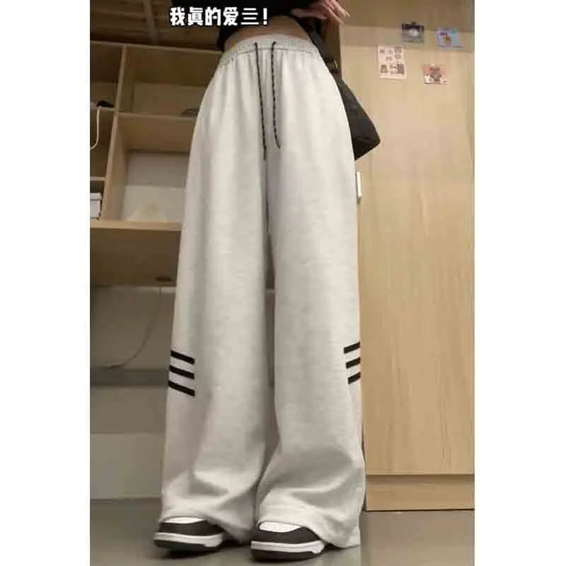 High Street Fashion Vintage Stripes Casual Loose Straight Pants Women's Trend Elastic Waist Drawstring Pockets Wide Leg Trousers