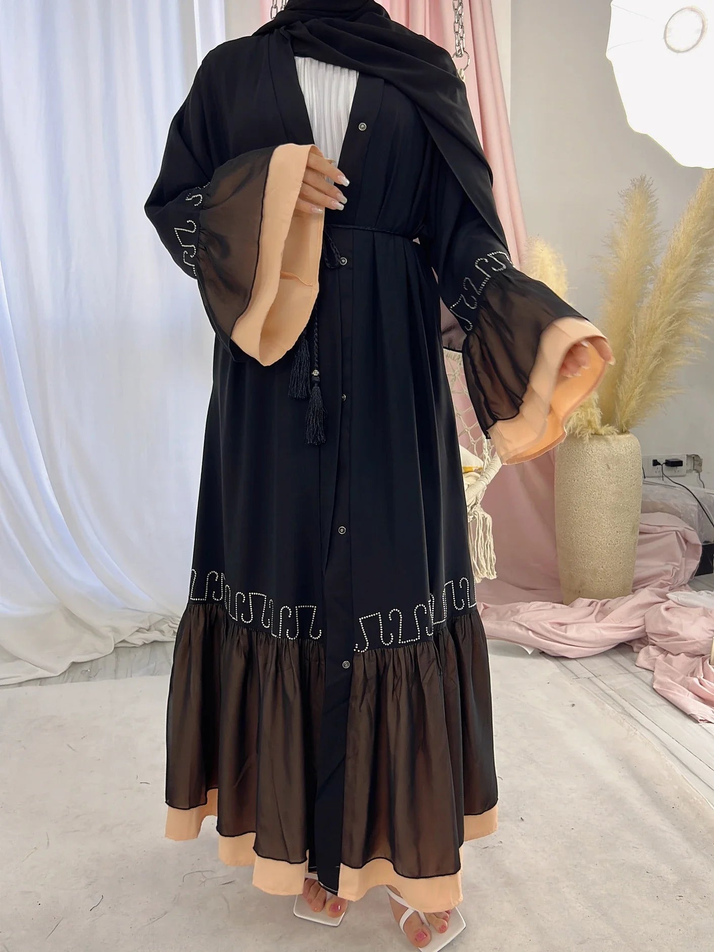 Eid Ramadan Muslim Abaya for Women Lace Cardigan Black Morocco Kaftan Jubah Kimono Robe Maxi Long Dresses Abayas Dubai Vestido